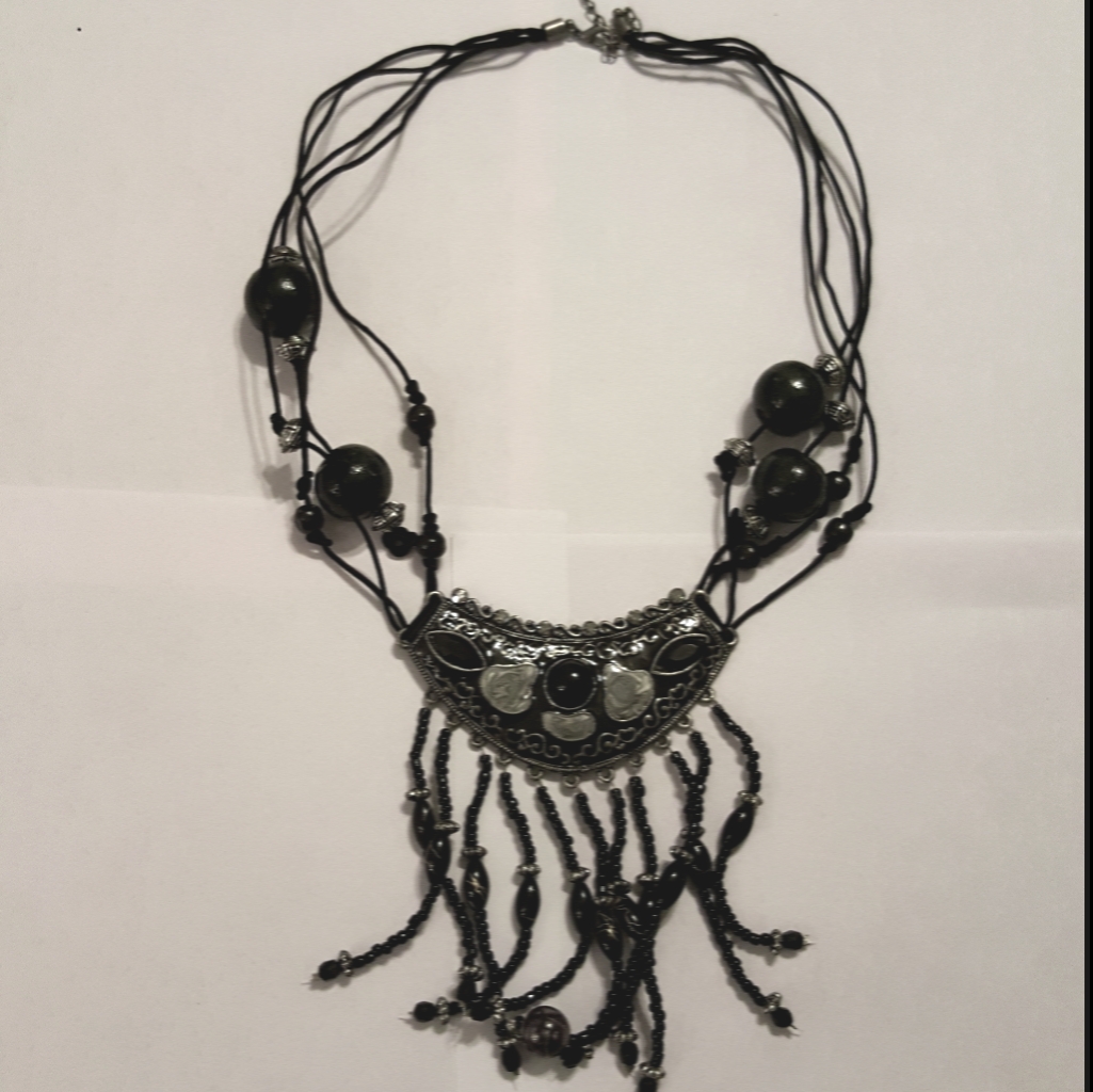 Handmade Vintage Beaded Black And Gray Necklace